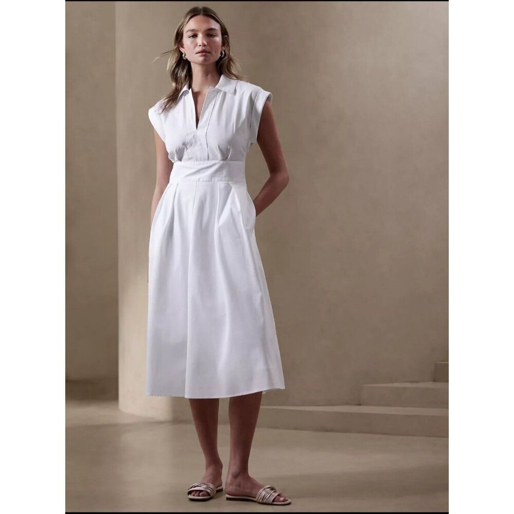 BANANA REPUBLIC FACTORY BAND-WAIST POPLIN MIDI DRESS WHITE SIZE 16